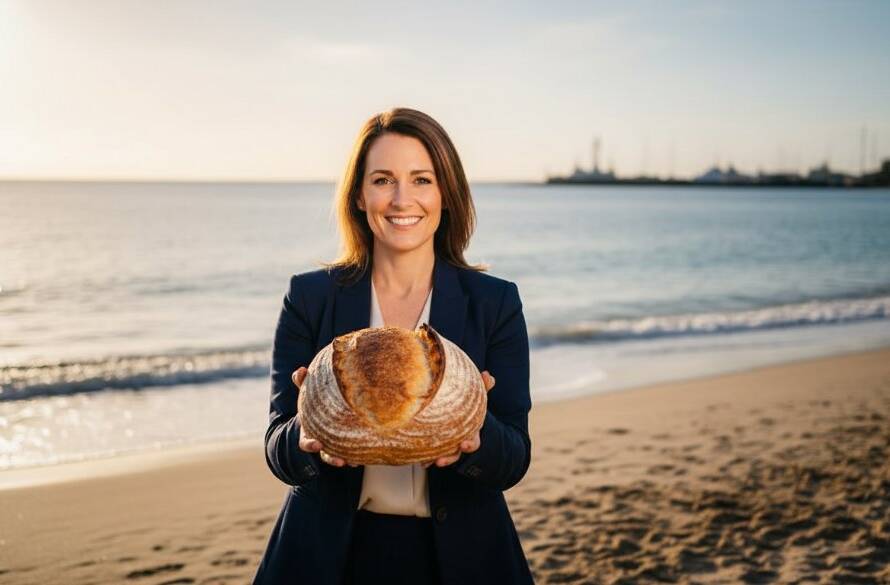 A local cafe owner proudly showcasing their freshly baked artisan bread on the Sandringham beachfront at golden hour, capturing high-impact visuals for strategic Sandringham advertising photography solutions for local businesses. Dramatic lighting highlights the product and the owner's genuine passion.