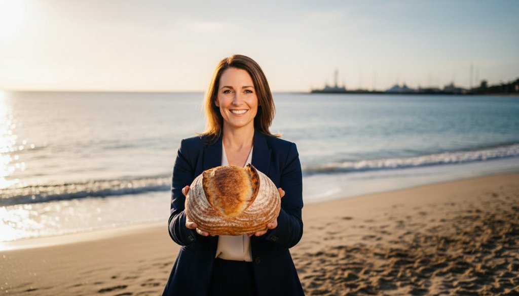 A local cafe owner proudly showcasing their freshly baked artisan bread on the Sandringham beachfront at golden hour, capturing high-impact visuals for strategic Sandringham advertising photography solutions for local businesses. Dramatic lighting highlights the product and the owner's genuine passion.