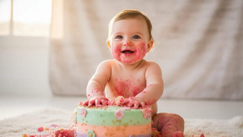 An adorable baby covered in cake, joyfully smashing a birthday cake with frosting smeared on their face and hands, set against a beautifully styled backdrop in a sunlit studio, capturing a stress-free cake smash photography Newtown Victoria epic moment.