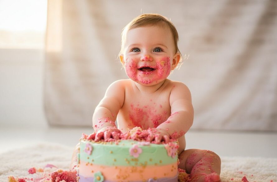 An adorable baby covered in cake, joyfully smashing a birthday cake with frosting smeared on their face and hands, set against a beautifully styled backdrop in a sunlit studio, capturing a stress-free cake smash photography Newtown Victoria epic moment.