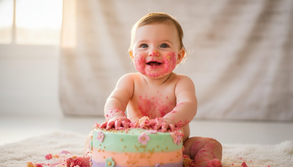 An adorable baby covered in cake, joyfully smashing a birthday cake with frosting smeared on their face and hands, set against a beautifully styled backdrop in a sunlit studio, capturing a stress-free cake smash photography Newtown Victoria epic moment.