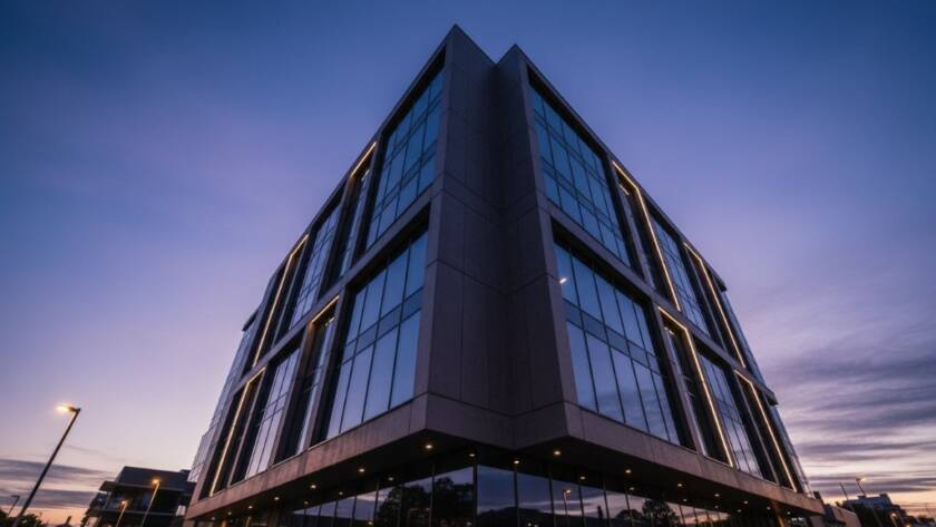 An epic, low-angle shot of a new, geometrically striking modern building in Croydon North, Victoria, silhouetted against a dramatic sunset sky, expertly showcasing Striking Croydon North Modern Architecture Photography.