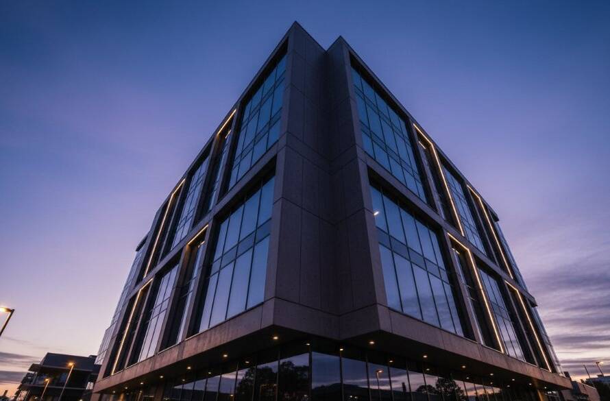 An epic, low-angle shot of a new, geometrically striking modern building in Croydon North, Victoria, silhouetted against a dramatic sunset sky, expertly showcasing Striking Croydon North Modern Architecture Photography.