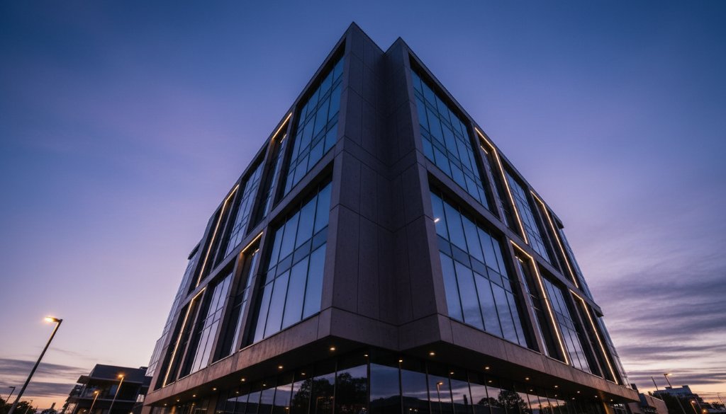 An epic, low-angle shot of a new, geometrically striking modern building in Croydon North, Victoria, silhouetted against a dramatic sunset sky, expertly showcasing Striking Croydon North Modern Architecture Photography.