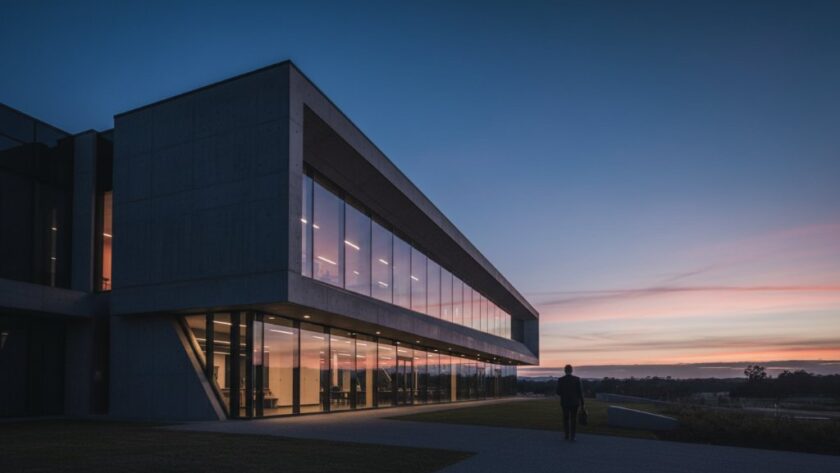 An epic moment in Striking Modern Architecture Photography Churchill Victoria, capturing the dramatic evening light reflecting off the angular facade of a contemporary building against a stormy sky, showcasing its unique design.
