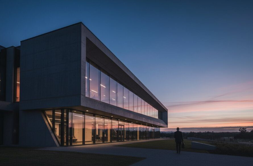 An epic moment in Striking Modern Architecture Photography Churchill Victoria, capturing the dramatic evening light reflecting off the angular facade of a contemporary building against a stormy sky, showcasing its unique design.