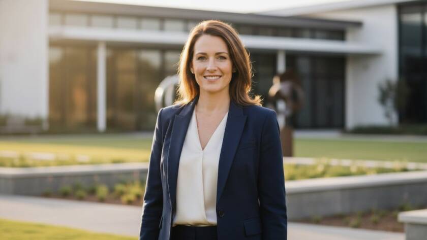 Dramatic, cinematic portrait of a confident business professional, male, mid-30s, looking directly at the camera with a subtle smile, captured with sophisticated lighting against a blurred, modern architectural background in Clyde North, Victoria, highlighting their strong presence through striking professional headshots Clyde North Victoria. The image showcases exceptional depth of field and professional colour grading, emphasising leadership and approachability.