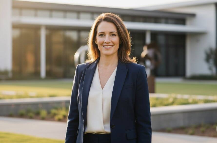 Dramatic, cinematic portrait of a confident business professional, male, mid-30s, looking directly at the camera with a subtle smile, captured with sophisticated lighting against a blurred, modern architectural background in Clyde North, Victoria, highlighting their strong presence through striking professional headshots Clyde North Victoria. The image showcases exceptional depth of field and professional colour grading, emphasising leadership and approachability.