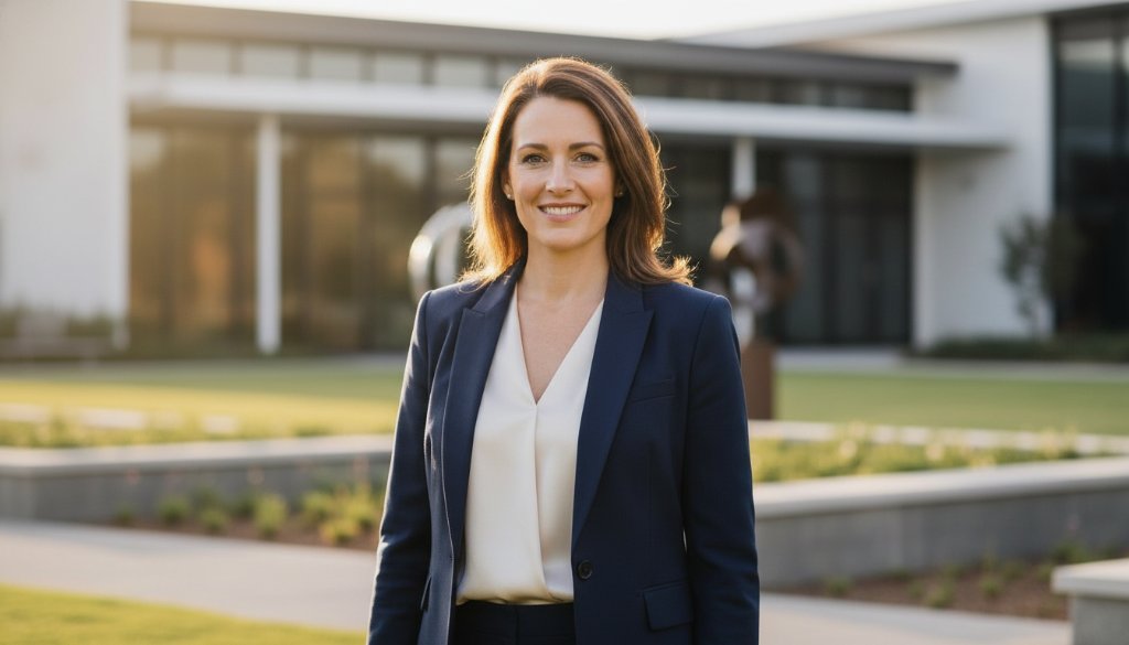 Dramatic, cinematic portrait of a confident business professional, male, mid-30s, looking directly at the camera with a subtle smile, captured with sophisticated lighting against a blurred, modern architectural background in Clyde North, Victoria, highlighting their strong presence through striking professional headshots Clyde North Victoria. The image showcases exceptional depth of field and professional colour grading, emphasising leadership and approachability.