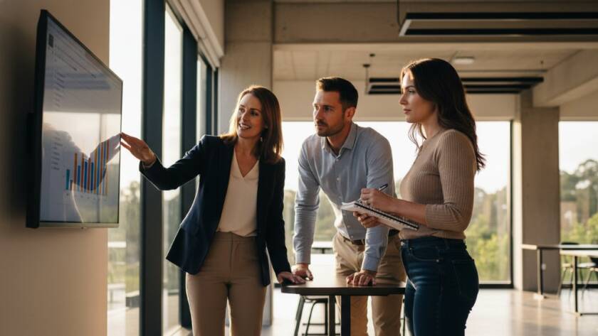 Striking professional headshots Vermont businesses rely on: A dynamic, cinematically lit shot of a diverse group of business professionals in Vermont, confidently interacting in a modern, light-filled office space, showcasing professionalism and collaboration, captured with dramatic flair.