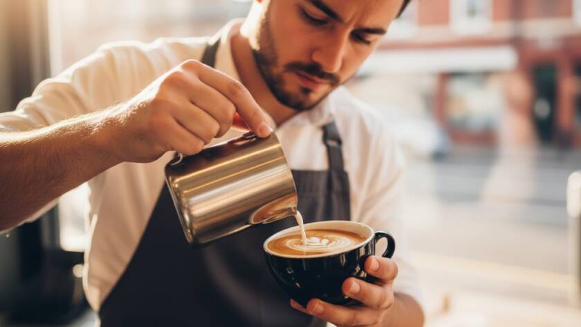 A meticulously styled shot featuring a barista pouring latte art into a coffee cup, with a beautifully presented croissant next to it on a rustic wooden table, bathed in warm, dramatic backlighting in a trendy Croydon cafe, representing stunning advertising photography Croydon local businesses trust for their culinary brands.