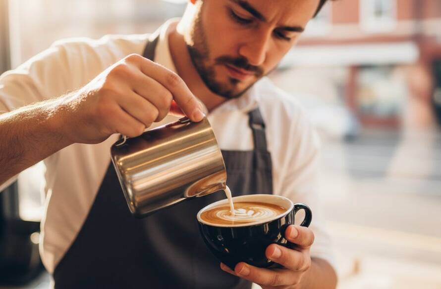 A meticulously styled shot featuring a barista pouring latte art into a coffee cup, with a beautifully presented croissant next to it on a rustic wooden table, bathed in warm, dramatic backlighting in a trendy Croydon cafe, representing stunning advertising photography Croydon local businesses trust for their culinary brands.