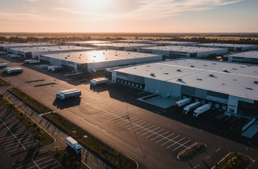 An breathtaking aerial wide-angle shot showcasing stunning aerial drone photography Derrimut industrial landscapes, with a logistics park bathed in golden hour light, rows of modern warehouses, and delivery trucks on the move, capturing the vibrant activity and scale from above.