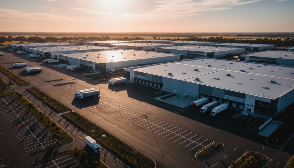 An breathtaking aerial wide-angle shot showcasing stunning aerial drone photography Derrimut industrial landscapes, with a logistics park bathed in golden hour light, rows of modern warehouses, and delivery trucks on the move, capturing the vibrant activity and scale from above.