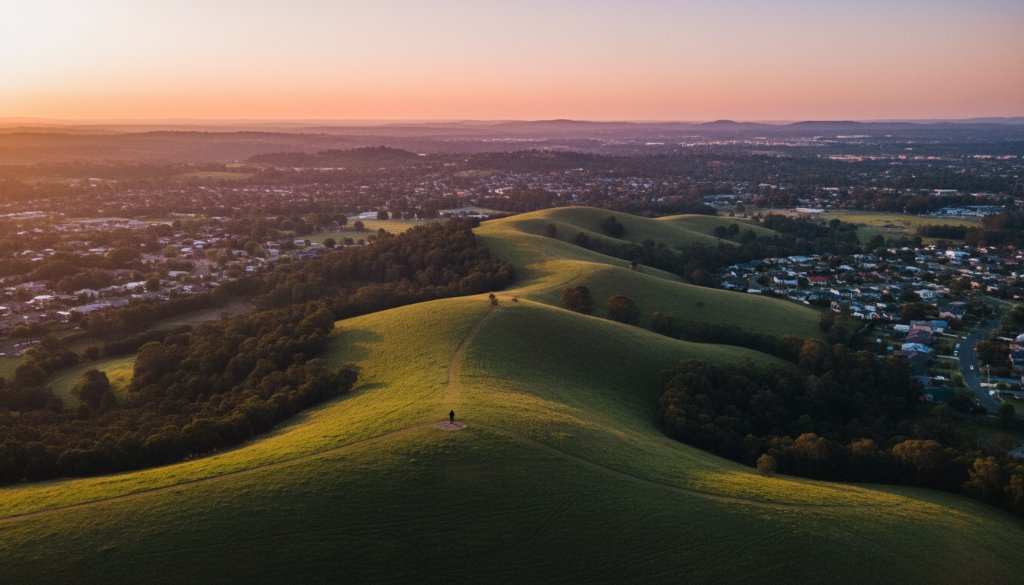 An epic high-angle drone shot capturing the Dandenong Ranges meeting residential Croydon South, bathed in golden hour light, showcasing the stunning aerial views Croydon South drone photography can achieve, with a family silhouetted enjoying the panorama.