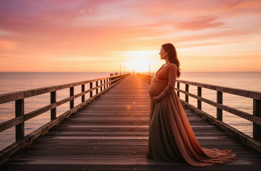 A radiant expectant mother, beautifully captured in stunning Altona North maternity photography Victoria, stands silhouetted against a golden sunset over Altona Beach's pier, with her hands gently cradling her baby bump, evoking a sense of peaceful anticipation and dramatic beauty.