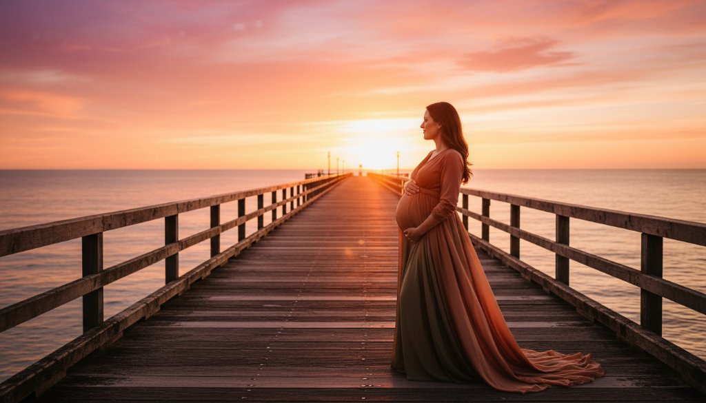 A radiant expectant mother, beautifully captured in stunning Altona North maternity photography Victoria, stands silhouetted against a golden sunset over Altona Beach's pier, with her hands gently cradling her baby bump, evoking a sense of peaceful anticipation and dramatic beauty.