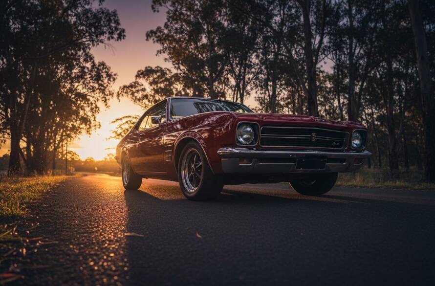 Dramatic close-up of a gleaming vintage muscle car's front grille, capturing an epic moment during stunning automotive photography in Ringwood North, late afternoon sun glinting off chrome.