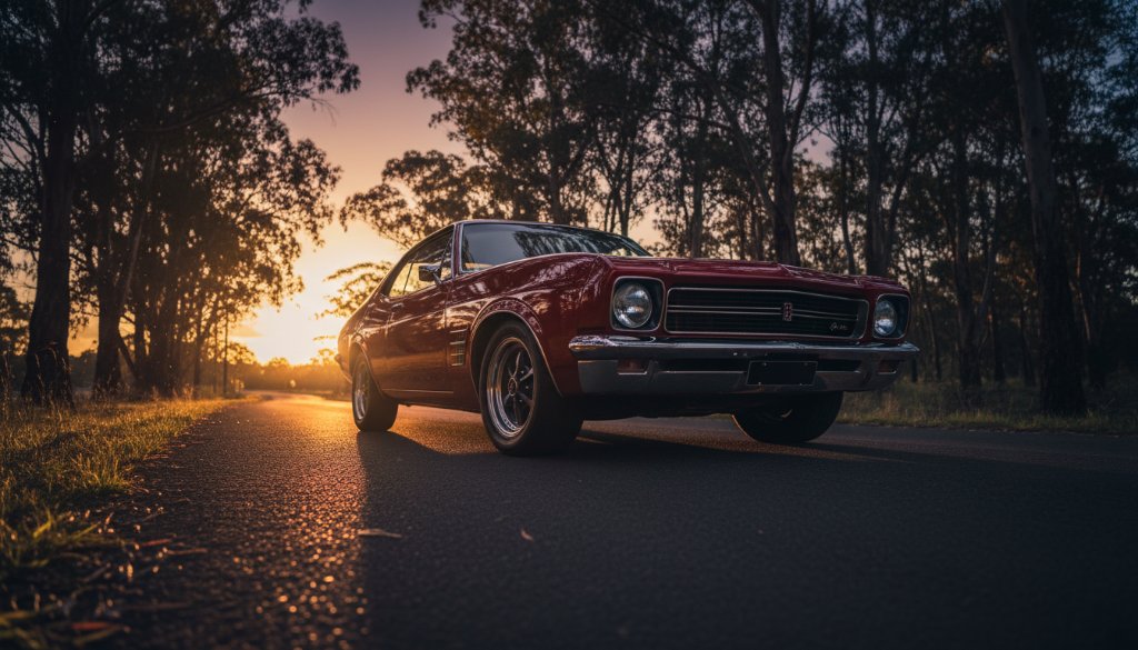 Dramatic close-up of a gleaming vintage muscle car's front grille, capturing an epic moment during stunning automotive photography in Ringwood North, late afternoon sun glinting off chrome.