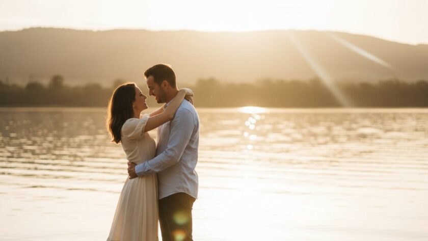 An emotionally charged, wide-angle 'epic moment' photograph of an engaged couple embracing by the shimmering waters of a Bairnsdale lakeside at golden hour, capturing stunning Bairnsdale lakeside engagement photos with warm, dramatic light illuminating their joyful faces and the picturesque Australian landscape in the background, professional colour grading enhances the romantic mood.