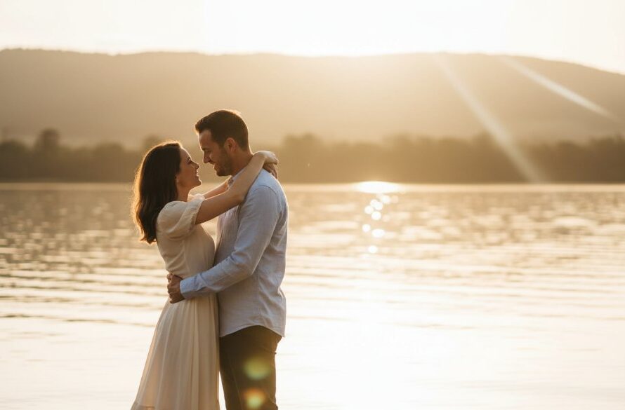 An emotionally charged, wide-angle 'epic moment' photograph of an engaged couple embracing by the shimmering waters of a Bairnsdale lakeside at golden hour, capturing stunning Bairnsdale lakeside engagement photos with warm, dramatic light illuminating their joyful faces and the picturesque Australian landscape in the background, professional colour grading enhances the romantic mood.
