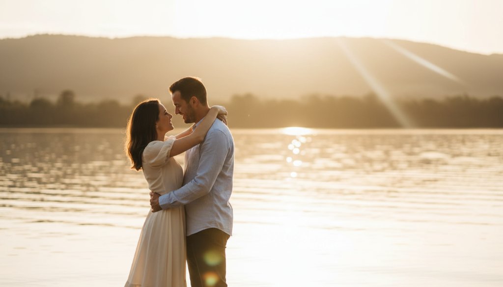 An emotionally charged, wide-angle 'epic moment' photograph of an engaged couple embracing by the shimmering waters of a Bairnsdale lakeside at golden hour, capturing stunning Bairnsdale lakeside engagement photos with warm, dramatic light illuminating their joyful faces and the picturesque Australian landscape in the background, professional colour grading enhances the romantic mood.