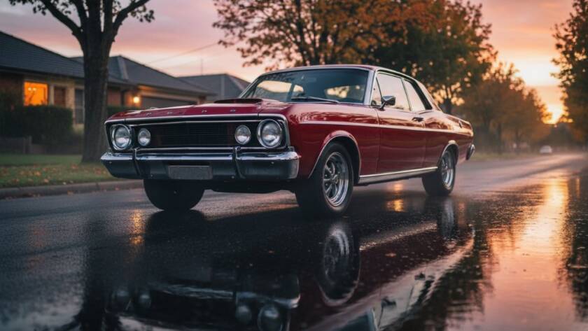 An epic moment of Stunning Classic Car Photography Forest Hill Melbourne, featuring a gleaming red 1969 Ford Falcon GT at sunset, parked on a tree-lined street in Forest Hill, Victoria, with a proud owner admiring its polished chrome, captured with dramatic golden hour lighting and bokeh.