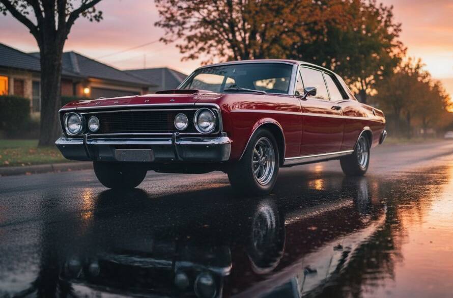 An epic moment of Stunning Classic Car Photography Forest Hill Melbourne, featuring a gleaming red 1969 Ford Falcon GT at sunset, parked on a tree-lined street in Forest Hill, Victoria, with a proud owner admiring its polished chrome, captured with dramatic golden hour lighting and bokeh.