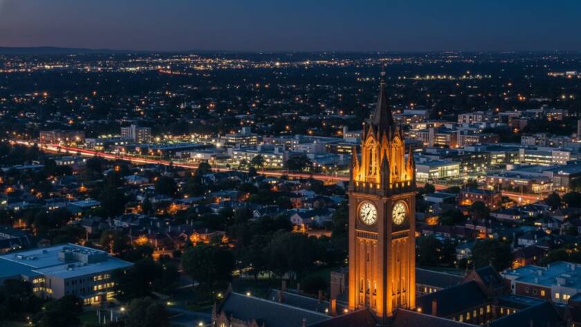 An epic, professional drone shot showcasing the vibrant autumn foliage around a tranquil lake in Clayton, Victoria, at sunset, highlighting the beauty captured by stunning Clayton Victoria aerial photography services.