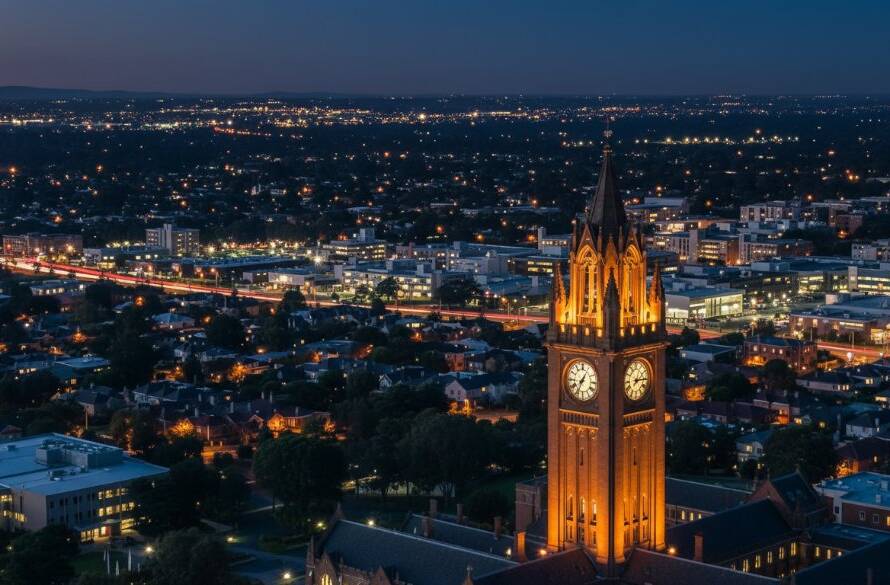 An epic, professional drone shot showcasing the vibrant autumn foliage around a tranquil lake in Clayton, Victoria, at sunset, highlighting the beauty captured by stunning Clayton Victoria aerial photography services.