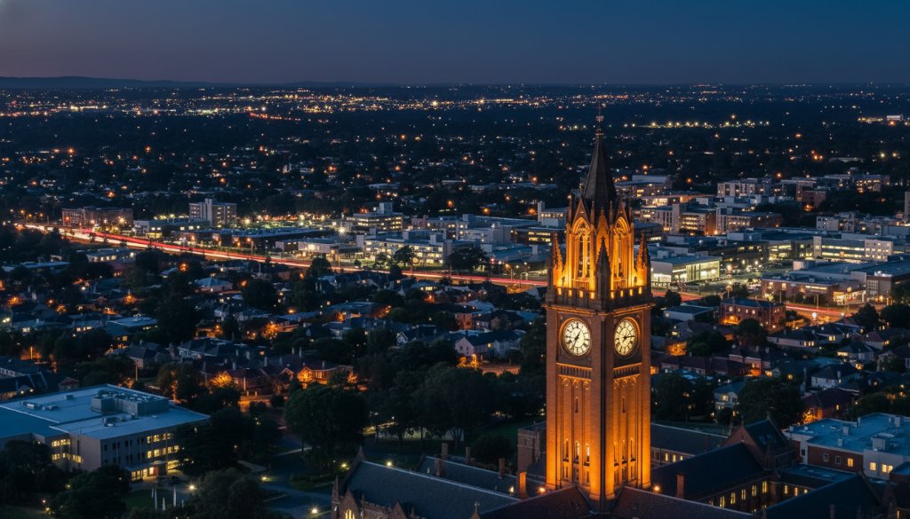 An epic, professional drone shot showcasing the vibrant autumn foliage around a tranquil lake in Clayton, Victoria, at sunset, highlighting the beauty captured by stunning Clayton Victoria aerial photography services.