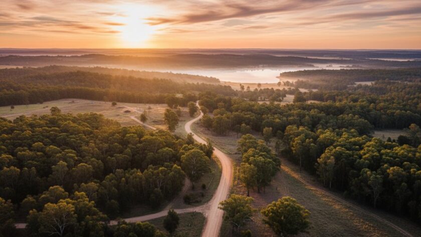 An epic, high-angle drone photograph showcasing stunning Creswick goldfields drone photography views, featuring a sweeping landscape of rolling hills, dense eucalyptus forests, and remnants of old gold mining trails under a dramatic, golden hour sky, evoking a sense of untouched natural beauty and history.