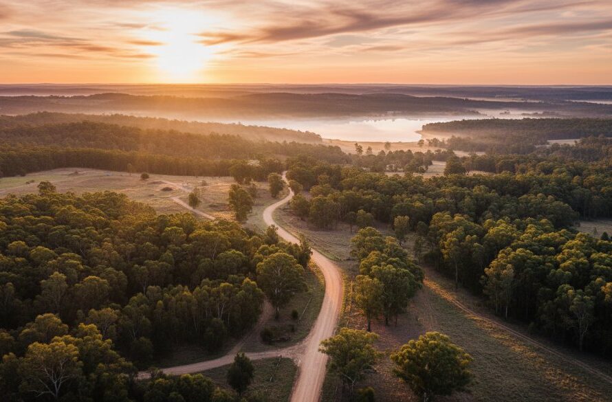 An epic, high-angle drone photograph showcasing stunning Creswick goldfields drone photography views, featuring a sweeping landscape of rolling hills, dense eucalyptus forests, and remnants of old gold mining trails under a dramatic, golden hour sky, evoking a sense of untouched natural beauty and history.