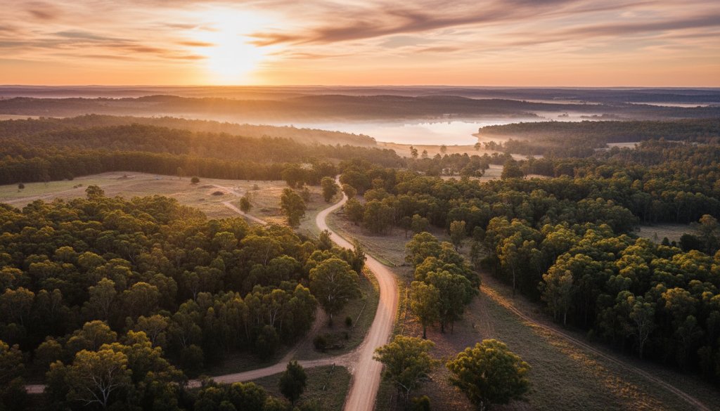 An epic, high-angle drone photograph showcasing stunning Creswick goldfields drone photography views, featuring a sweeping landscape of rolling hills, dense eucalyptus forests, and remnants of old gold mining trails under a dramatic, golden hour sky, evoking a sense of untouched natural beauty and history.