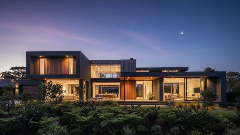 An epic moment photograph showcasing the clean lines and dramatic shadows of a stunning Donvale architecture photography modern home at twilight, with warm interior lights contrasting against a deep blue sky.