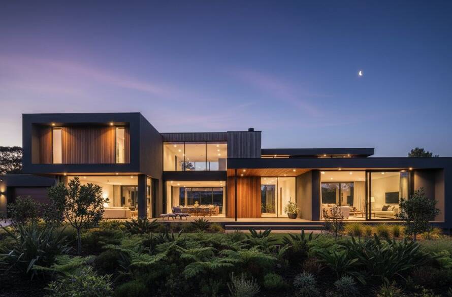 An epic moment photograph showcasing the clean lines and dramatic shadows of a stunning Donvale architecture photography modern home at twilight, with warm interior lights contrasting against a deep blue sky.