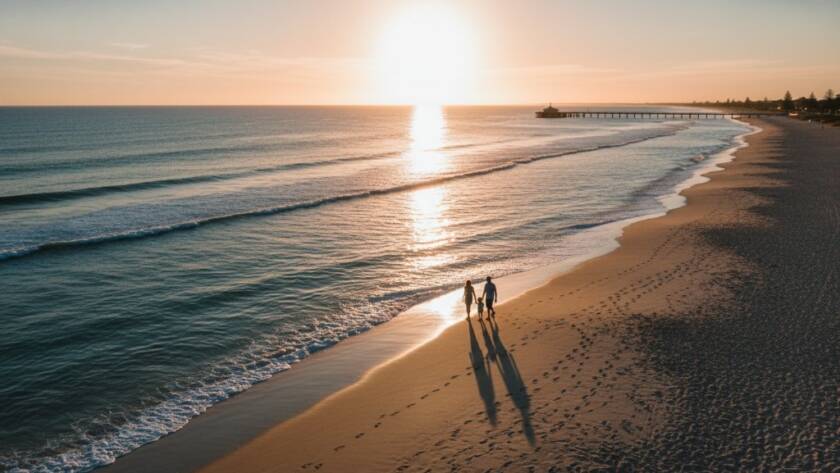 An breathtaking aerial wide shot capturing the stunning drone photography Carrum beach foreshore, with golden hour sunlight illuminating the tranquil waters and a lone paddleboarder, showcasing the serene coastal beauty from above.