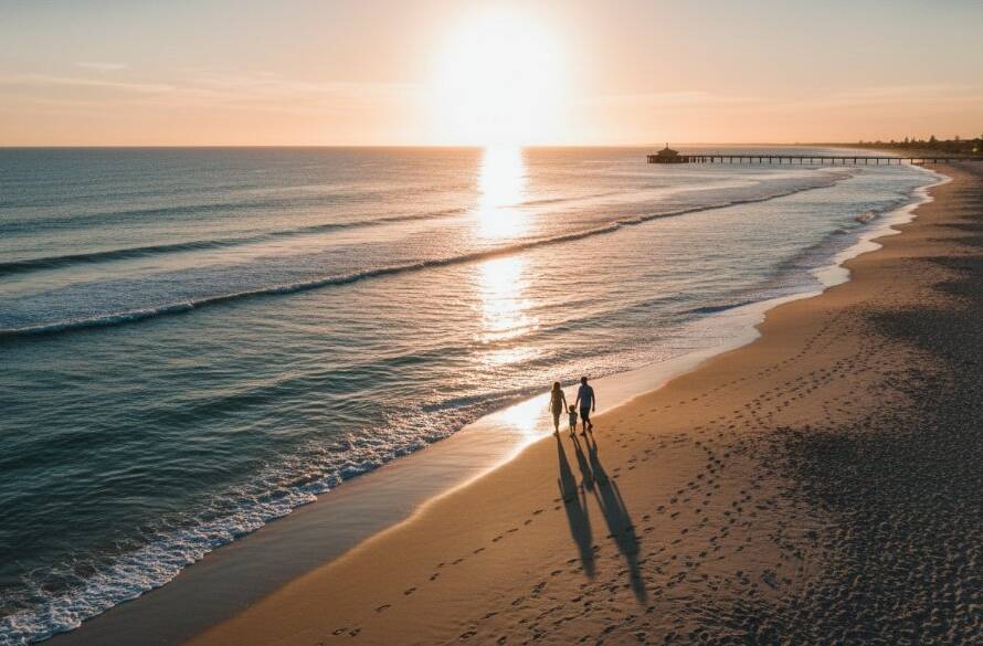 An breathtaking aerial wide shot capturing the stunning drone photography Carrum beach foreshore, with golden hour sunlight illuminating the tranquil waters and a lone paddleboarder, showcasing the serene coastal beauty from above.
