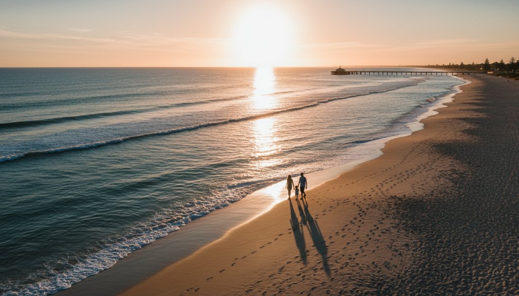An breathtaking aerial wide shot capturing the stunning drone photography Carrum beach foreshore, with golden hour sunlight illuminating the tranquil waters and a lone paddleboarder, showcasing the serene coastal beauty from above.