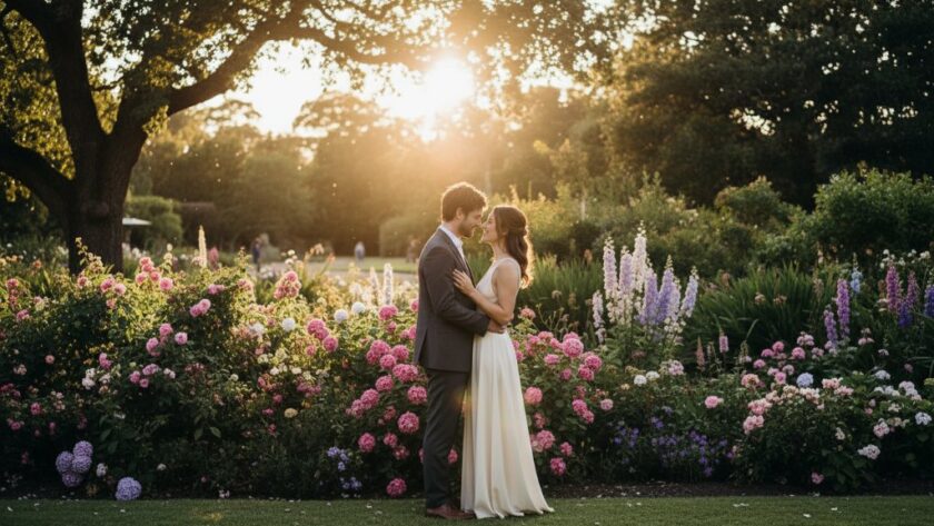 A couple shares a tender, joyous embrace amidst the vibrant, blooming flowers of a historic East Geelong garden, bathed in warm, golden hour light, capturing stunning East Geelong engagement photos historic garden with a cinematic, epic moment feel.
