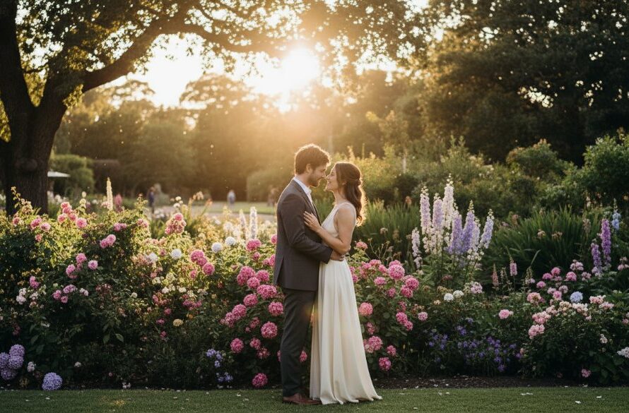 A couple shares a tender, joyous embrace amidst the vibrant, blooming flowers of a historic East Geelong garden, bathed in warm, golden hour light, capturing stunning East Geelong engagement photos historic garden with a cinematic, epic moment feel.