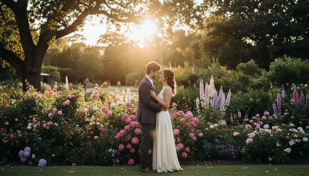 A couple shares a tender, joyous embrace amidst the vibrant, blooming flowers of a historic East Geelong garden, bathed in warm, golden hour light, capturing stunning East Geelong engagement photos historic garden with a cinematic, epic moment feel.