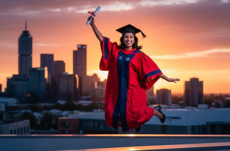 A jubilant graduate in a cap and gown, framed by the modern architecture near Westfield Doncaster, with the sun setting dramatically behind them, showcasing stunning graduation photography Doncaster VIC.