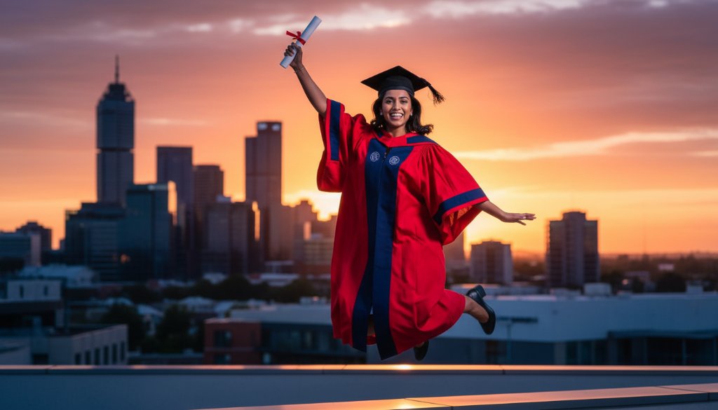 A jubilant graduate in a cap and gown, framed by the modern architecture near Westfield Doncaster, with the sun setting dramatically behind them, showcasing stunning graduation photography Doncaster VIC.
