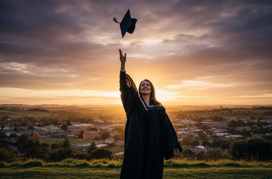 A graduate in cap and gown, framed by the picturesque historic buildings of Kyneton, joyfully tossing their cap into a vibrant sunset sky, as an epic moment of 'Stunning Kyneton Graduation Photography capturing academic triumphs' unfolds with golden hour light.