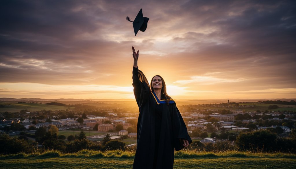 A graduate in cap and gown, framed by the picturesque historic buildings of Kyneton, joyfully tossing their cap into a vibrant sunset sky, as an epic moment of 'Stunning Kyneton Graduation Photography capturing academic triumphs' unfolds with golden hour light.