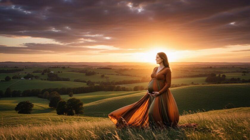 A pregnant woman, beautifully silhouetted against a dramatic sunset over rolling Leongatha hills, embodying the focus of stunning Leongatha maternity photos amid Gippsland beauty, with soft, golden light highlighting her bump in an epic moment of natural beauty.