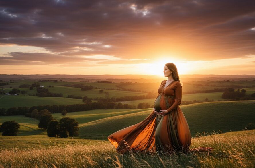 A pregnant woman, beautifully silhouetted against a dramatic sunset over rolling Leongatha hills, embodying the focus of stunning Leongatha maternity photos amid Gippsland beauty, with soft, golden light highlighting her bump in an epic moment of natural beauty.