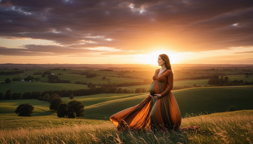 A pregnant woman, beautifully silhouetted against a dramatic sunset over rolling Leongatha hills, embodying the focus of stunning Leongatha maternity photos amid Gippsland beauty, with soft, golden light highlighting her bump in an epic moment of natural beauty.