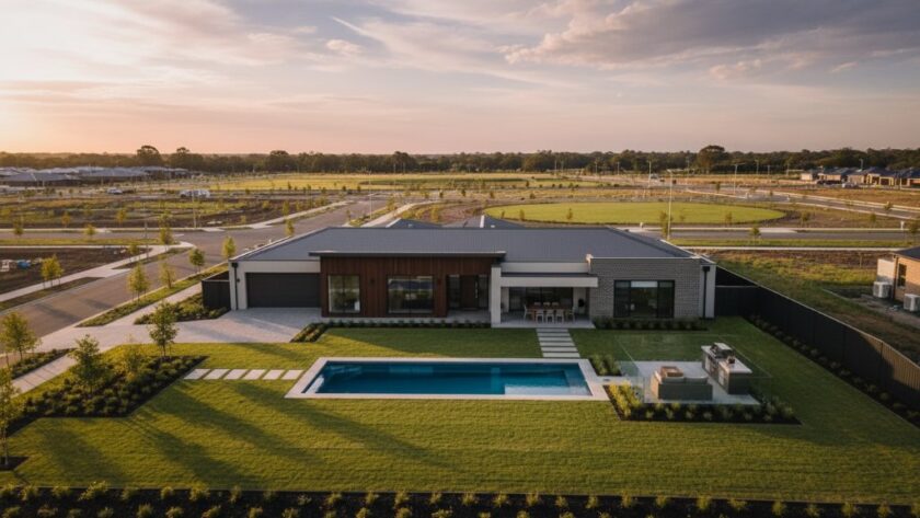 An aerial shot of a beautifully designed modern home in Lucas, Victoria, bathed in golden hour light, showcasing the stunning Lucas drone photography for modern property listings, with dramatic shadows and rich colours.